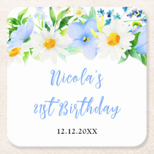 Porta-copo De Papel Quadrado Não-Me-Esqueças e Margaridas Floral de Aniversário