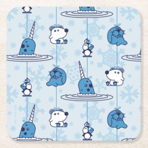 Porta-copo De Papel Quadrado Narwhal Blue Snowflake Pattern
