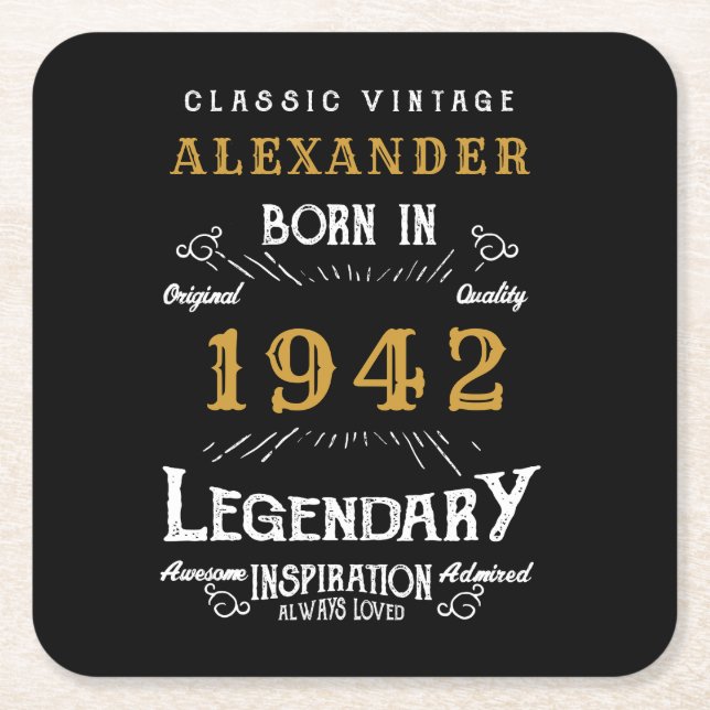 Porta-copo De Papel Quadrado Nascer de aniversário de 80 personalizado preto 19 (Frente)