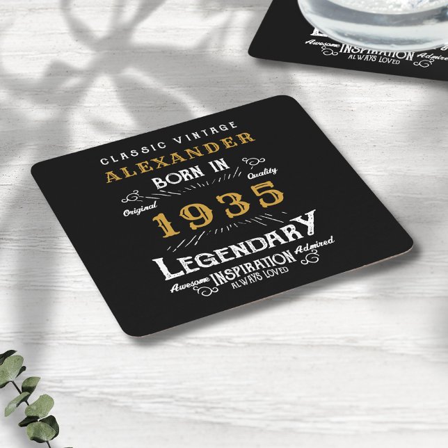 Porta-copo De Papel Quadrado Nascer de aniversário de 90 personalizado preto de (Personalized vintage style 90th birthday party coaster with custom name and year template.)