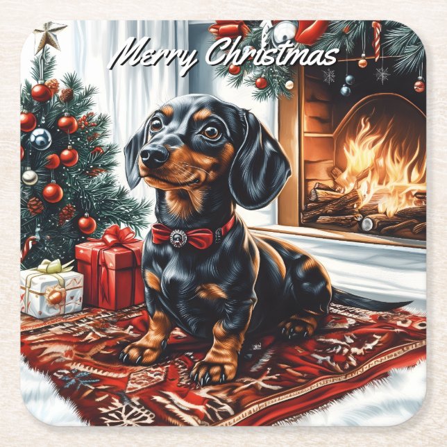 Porta-copo De Papel Quadrado Natal de Tan Dachshund (Frente)