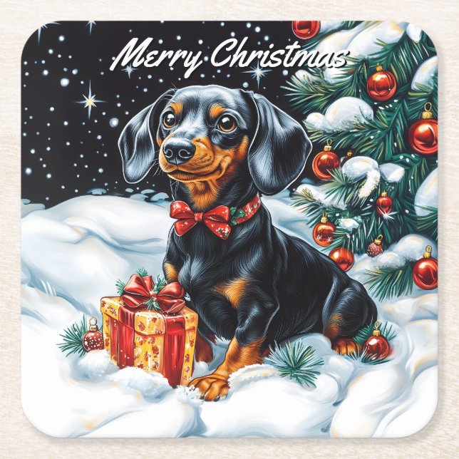 Porta-copo De Papel Quadrado Natal de Tan Dachshund (Frente)