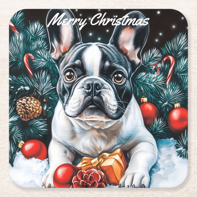 Porta-copo De Papel Quadrado Natal do Buldogue Francês (Frente)
