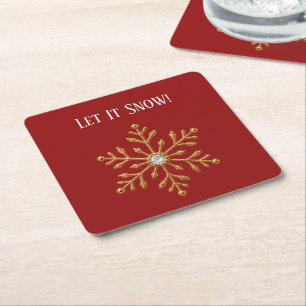 Porta-copo De Papel Quadrado Natal Floco de Neve Joia Dourado Vermelho