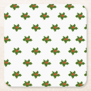 Porta-copo De Papel Quadrado Natal Holly Pattern Red Berries Folhas Verdes