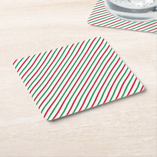 Porta-copo De Papel Quadrado Natal Red Green White Stripes feriados (Inclinado)