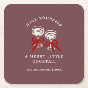 Porta-copo De Papel Quadrado Natal Retrô Burgundy Merry Little Cocktail