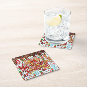Porta-copo De Papel Quadrado Natal Vintage Retro de Cana de Açúcar Vermelha