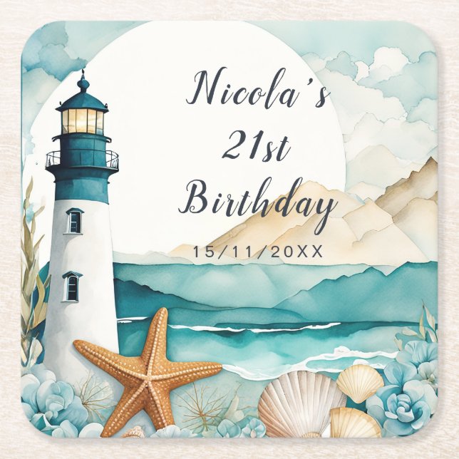 Porta-copo De Papel Quadrado Nautical Lighthouse Birthday (Frente)