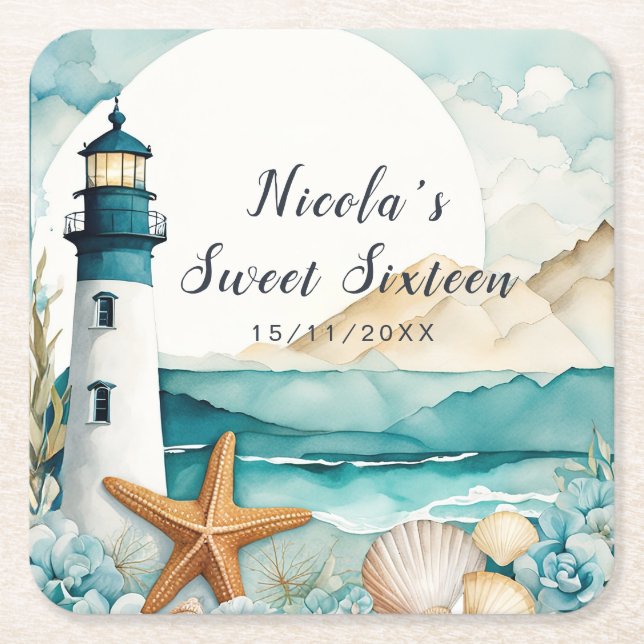 Porta-copo De Papel Quadrado Nautical Lighthouse Sweet Sixteen Birthday (Frente)