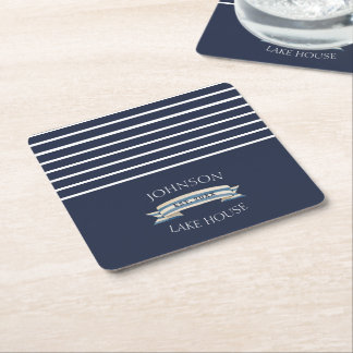 Porta-copo De Papel Quadrado Nautical Navy Blue Stripe Lake House Name