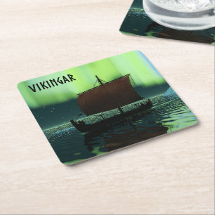Porta-copo De Papel Quadrado Navio Viking sob Luzes do Norte