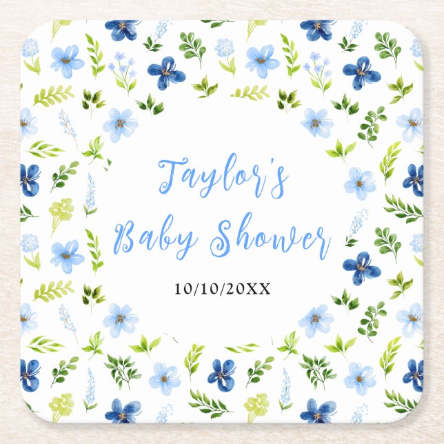 Porta-copo De Papel Quadrado Navy and Baby Blue Floral Baby Shower (Frente)