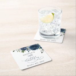 Porta-copo De Papel Quadrado Navy Blue Flowers, Greenery, Boho, Birthday