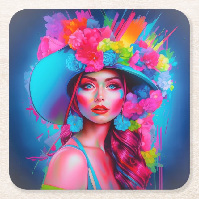 Porta-copo De Papel Quadrado Neon Fantasy Floral Retrato (Frente)