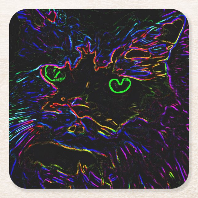 Porta-copo De Papel Quadrado Neon Glow Cat (Frente)