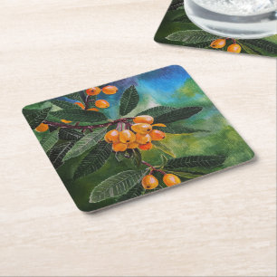 Porta-copo De Papel Quadrado Nêsperas em pintura da primavera de abril por Alfr