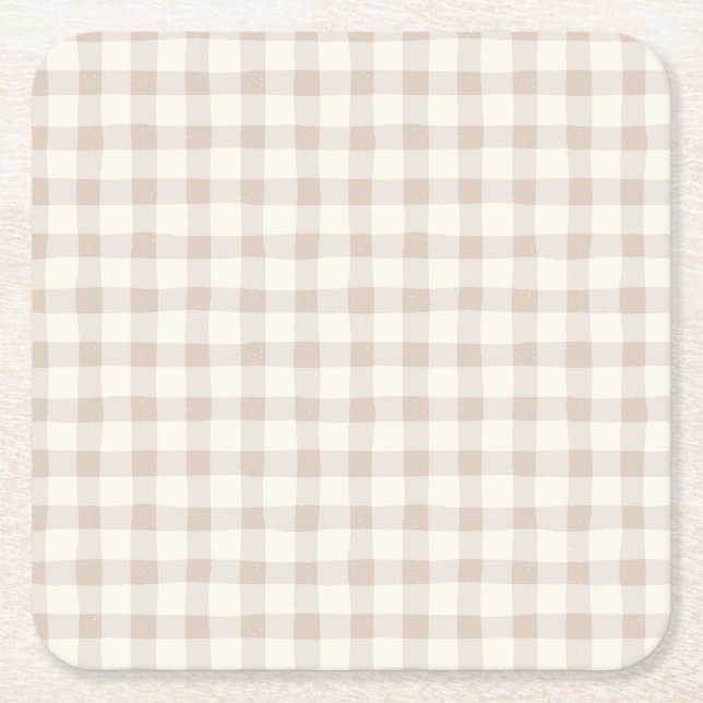 Porta-copo De Papel Quadrado Neutral Tan Gingham (Frente)