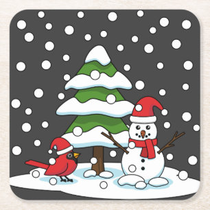 Porta-copo De Papel Quadrado Neve Caindo no Cardeal, Snowman e Pine Tree