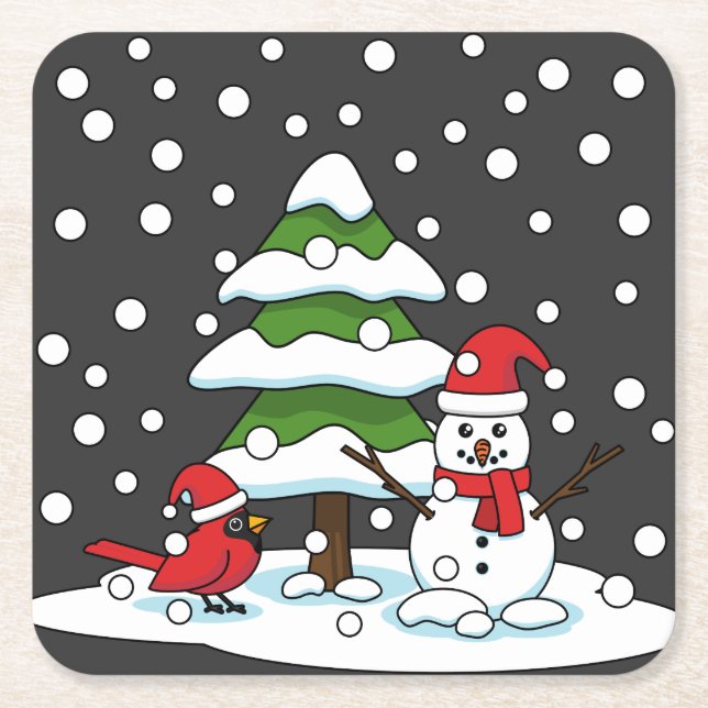 Porta-copo De Papel Quadrado Neve Caindo no Cardeal, Snowman e Pine Tree (Frente)