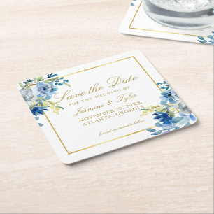 Porta-copo De Papel Quadrado Noite Dourada Floral Elegante Azul Salve a Data