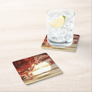 Porta-copo De Papel Quadrado Noite quente sob a árvore vermelha - Arte Digital
