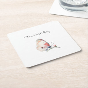 Porta-copo De Papel Quadrado Noiva Borboleta Floral Pêssego Rosado Para Sempre