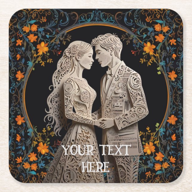 Porta-copo De Papel Quadrado Noiva e Casamento de noivo personalizado (Frente)