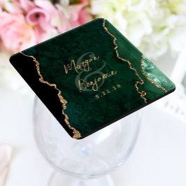 Porta-copo De Papel Quadrado Noivado Esmeralda Verde Ágata Dourado Script