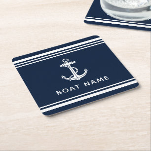 Porta-copo De Papel Quadrado Nome da Âncora do Barco Azul Marinho Personalizado