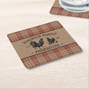 Porta-copo De Papel Quadrado Nome da família Farmhouse Vintage Red Xadrez Burl