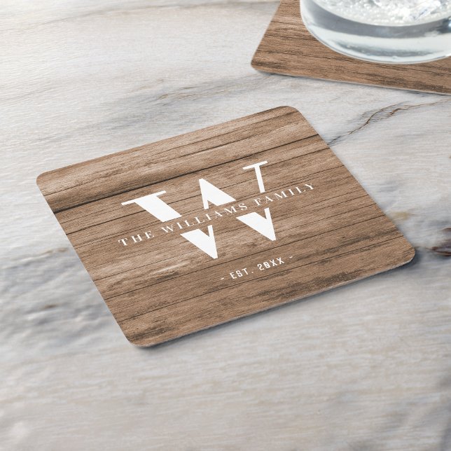 Porta-copo De Papel Quadrado Nome da Família Monograma Rústico Moderno Madeira  (Criador carregado)