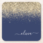 Porta-copo De Papel Quadrado Nome da Rapariga do Monograma de Script Azul do Ma<br><div class="desc">Portas copos de papel de nome do script de brilho brilhante do Sparkle azul e Dourado do marinho. Isso faz a formatura perfeita,  aniversário,  casamento,  chá de panela,  aniversário,  chá de fraldas ou presente de festa de solteira para alguém que ama luxo de vidro e estilos quíticos.</div>