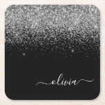 Porta-copo De Papel Quadrado Nome da Rapariga do Script de Largura Preta do Sil<br><div class="desc">Portas copos de papel de nome do monograma do script Glitter Glitter de Preto e Silver Sparkle. Isso faz a formatura perfeita,  aniversário,  casamento,  chá de panela,  aniversário,  chá de fraldas ou presente de festa de solteira para alguém que ama luxo de vidro e estilos quíticos.</div>