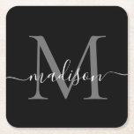 Porta-copo De Papel Quadrado Nome da Script da Cinza Negra Clássica do Monogram<br><div class="desc">Elegante Moderno Personalizado Cinza Prata Preta Monograma Nome do Script de Papel Inicial Porta copos</div>