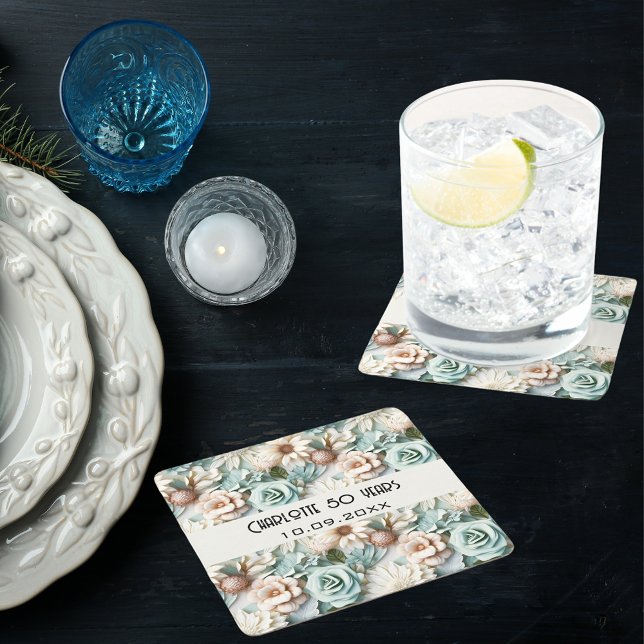 Porta-copo De Papel Quadrado Nome de aniversário de creme verde empoeirado (Criador carregado)