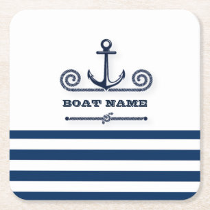 Porta-copo De Papel Quadrado Nome de Barco Náutico, Âncora, Corda, Listras Azul