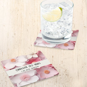 Porta-copo De Papel Quadrado Nome de flores brancas rosa festa de aniversário