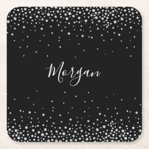 Porta-copo De Papel Quadrado Nome DIY em Script Branco & Diamantes Brancos, Pre