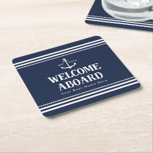 Porta-copo De Papel Quadrado Nome do barco ano personalizado azul marinho Bem-v