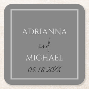 Porta-copo De Papel Quadrado Nome do Casal de Casamento e Data Brancos de Cinza