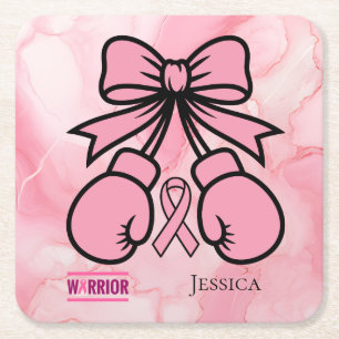 Porta-copo De Papel Quadrado Nome do Guerreiro do Cancer Mama Marmoreado Rosa M