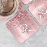 Porta-copo De Papel Quadrado Nome do Monograma da Lâmina Rosa Bruta de Metal Gl<br><div class="desc">Personalize facilmente este design de porta copos de de papel chic moderno com bonito brilho rosado e rosado em um fundo metálico roxo e roxo.</div>