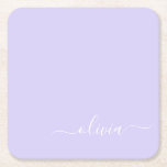 Porta-copo De Papel Quadrado Nome do Monograma da Rapariga de Script Moderno Ro<br><div class="desc">Portas copos De Papel De Nome Do Monograma De Script Simples Roxo Da lavanda. Isso faz a formatura perfeita,  aniversário,  casamento,  chá de panela,  aniversário,  chá de fraldas ou presente de festa de solteira para alguém que ama luxo de vidro e estilos quíticos.</div>