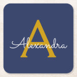Porta-copo De Papel Quadrado Nome do Monograma da Rapariga do Script Moderno Do<br><div class="desc">Portas copos de papel com o nome do Monograma de Script Simples Azul e Dourado. Isso faz a formatura perfeita,  aniversário,  casamento,  chá de panela,  aniversário,  chá de fraldas ou presente de festa de solteira para alguém que ama luxo de vidro e estilos quíticos.</div>