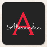 Porta-copo De Papel Quadrado Nome do Monograma da Rapariga do Script Preto Verm<br><div class="desc">Portas copos de papel de nome de monograma de script simples preto e vermelho. Isso faz a formatura perfeita,  aniversário,  casamento,  chá de panela,  aniversário,  chá de fraldas ou presente de festa de solteira para alguém que ama luxo de vidro e estilos quíticos.</div>