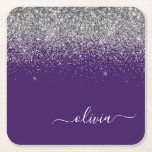 Porta-copo De Papel Quadrado Nome do Monograma da Rapariga Roxa de Prata<br><div class="desc">Portas copos de papel de nome do monograma do script Glitter roxo e Silver Sparkle. Isso faz a formatura perfeita,  aniversário,  casamento,  chá de panela,  aniversário,  chá de fraldas ou presente de festa de solteira para alguém que ama luxo de vidro e estilos quíticos.</div>
