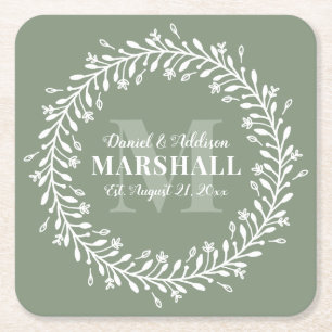 Porta-copo De Papel Quadrado Nome do Monograma da Terra do Casal Verde Recém-ca