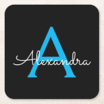 Porta-copo De Papel Quadrado Nome do Monograma Girly de Script Preto Azul<br><div class="desc">Portas copos de papel com nome de script simples preto e azul. Isso faz a formatura perfeita,  aniversário,  casamento,  chá de panela,  aniversário,  chá de fraldas ou presente de festa de solteira para alguém que ama luxo de vidro e estilos quíticos.</div>