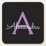 Porta-copo De Papel Quadrado Nome do Monograma Girly de Script Preto Roxo<br><div class="desc">Portas copos de papel de nome de monograma de script simples preto e roxo. Isso faz a formatura perfeita,  aniversário,  casamento,  chá de panela,  aniversário,  chá de fraldas ou presente de festa de solteira para alguém que ama luxo de vidro e estilos quíticos.</div>